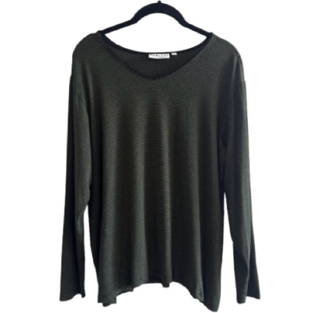 Habitat Green Black Striped V-neck Long Sleeve Top Rayon Blend Stretch Minimal